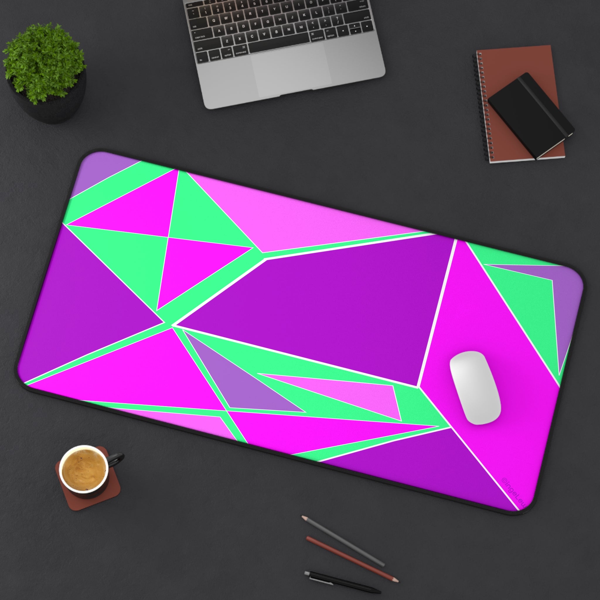 Abstract Geometric Purple and Green Shapes Desk Mat
