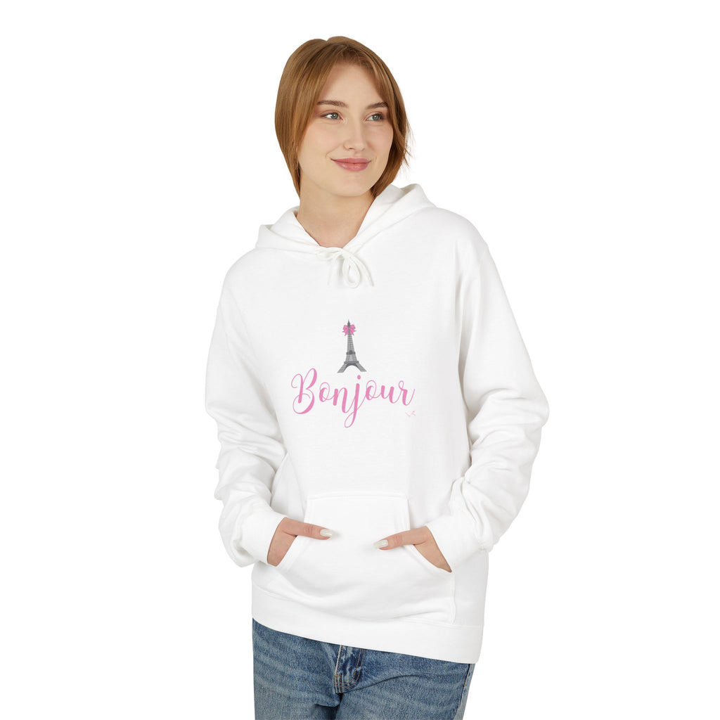Bonjour Paris Eiffel Tower Graphic Hoodie - Unisex Midweight Softstyle Fleece Hoodie