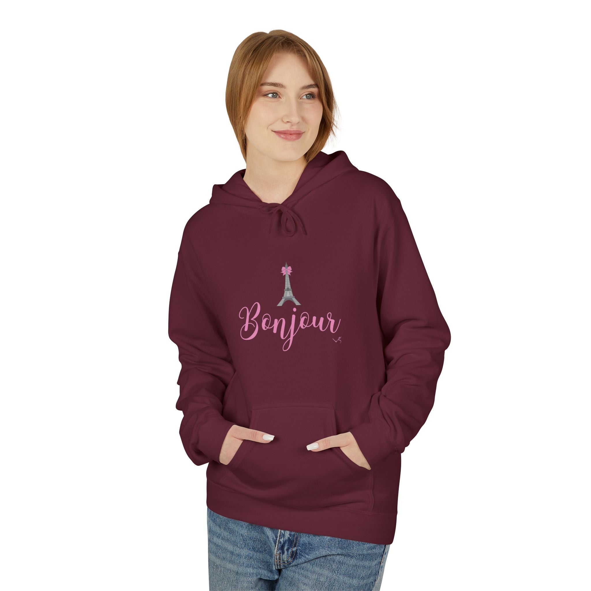 Bonjour Paris Eiffel Tower Graphic Hoodie - Unisex Midweight Softstyle Fleece Hoodie