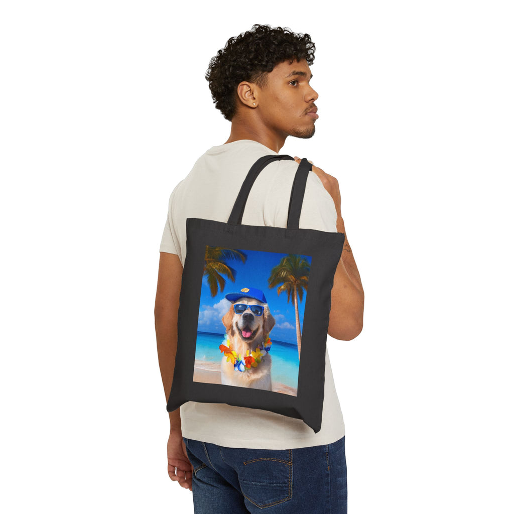 Beach Please Dog in Blue HatCotton Canvas Tote Bag