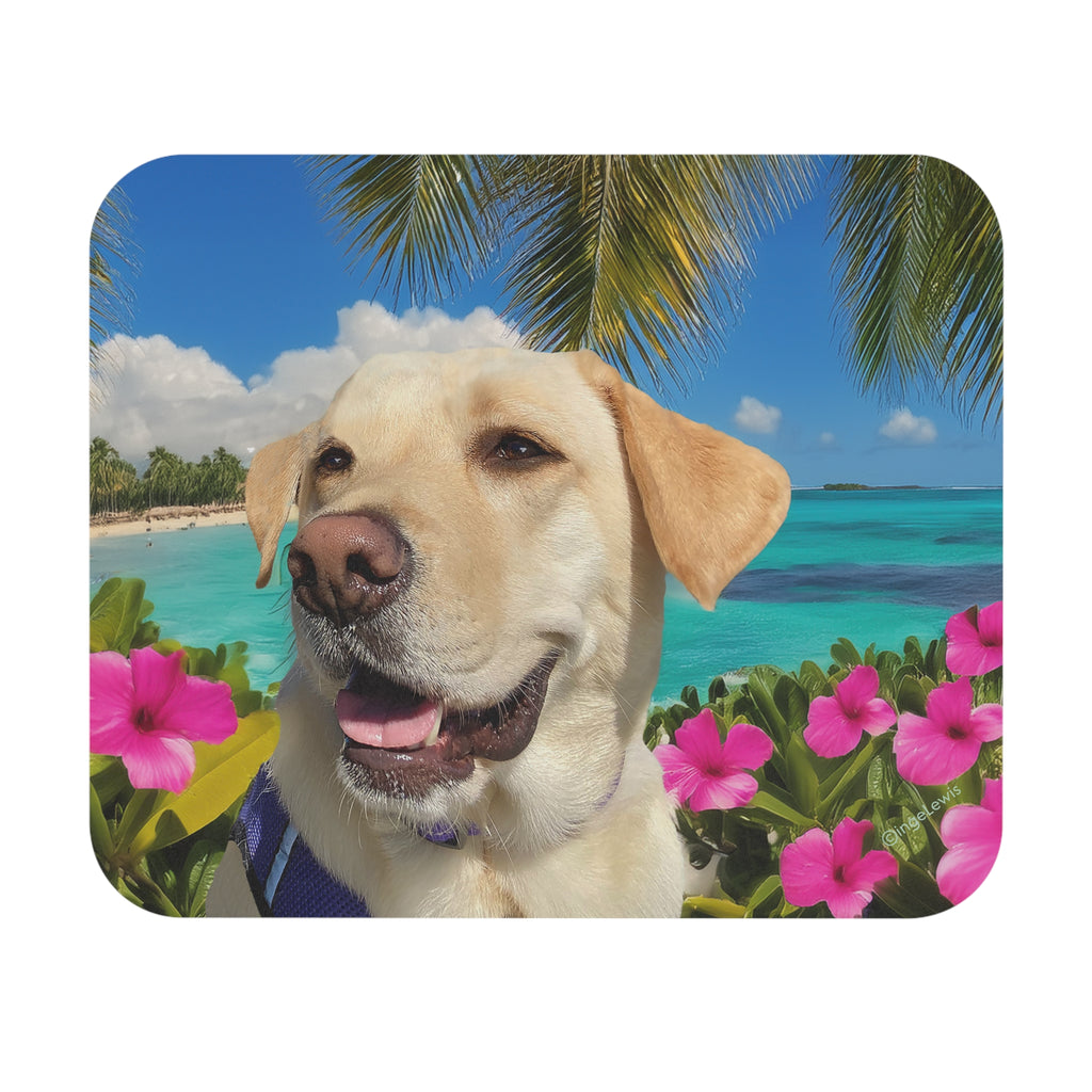 Happy Labrador Tropical Mouse Pad – Yellow Lab Beach & Flower Design
