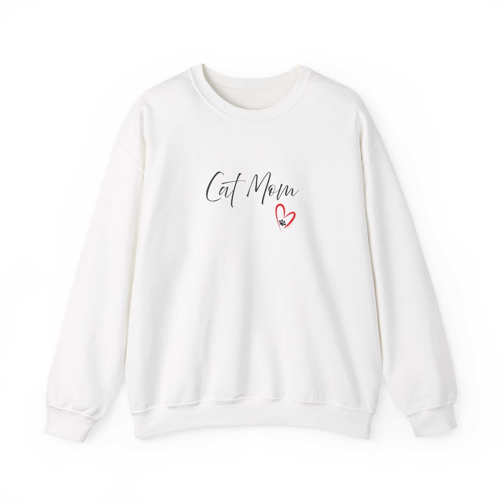 An off-white crewneck sweatshirt featuring the text 'Cat Mom' in black script and a small red heart outline graphic on the chest, displayed against a solid white background.