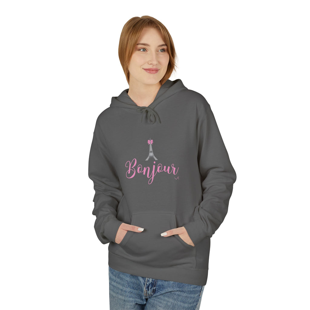 Bonjour Paris Eiffel Tower Graphic Hoodie - Unisex Midweight Softstyle Fleece Hoodie