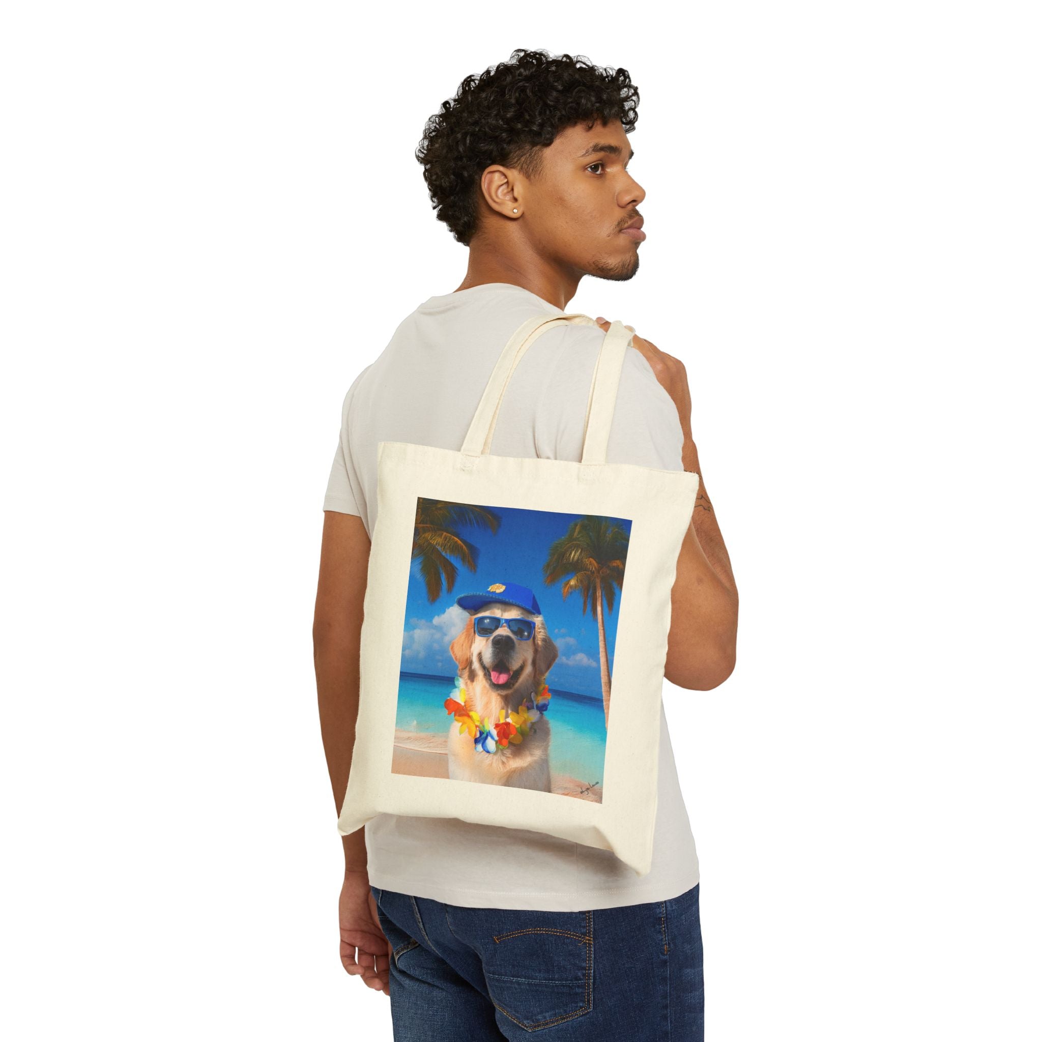 Beach Please Dog in Blue HatCotton Canvas Tote Bag