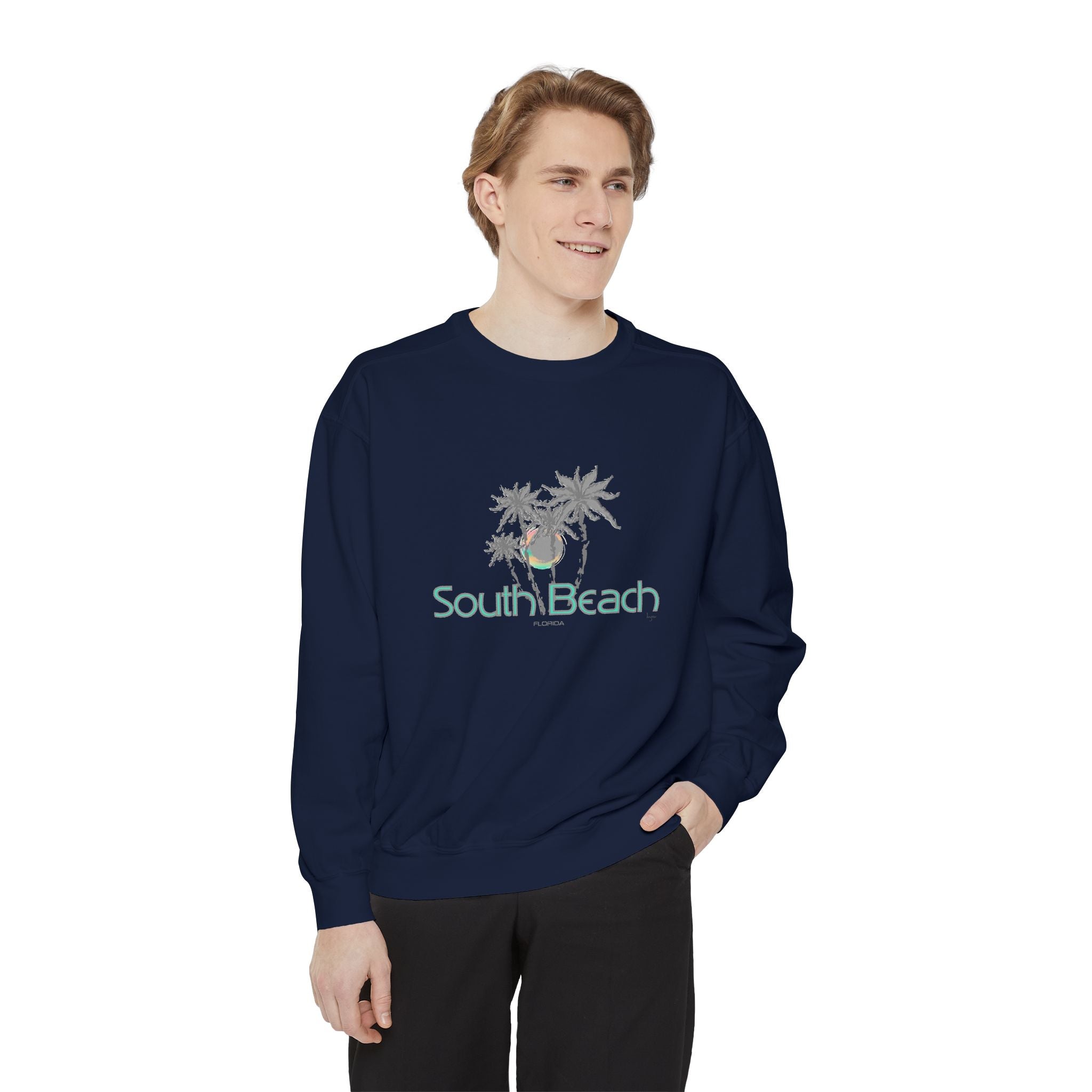 South Beach Miami Palm Tree Graphic Sweatshirt - Unisex Garment-Dyed Sweatshirt