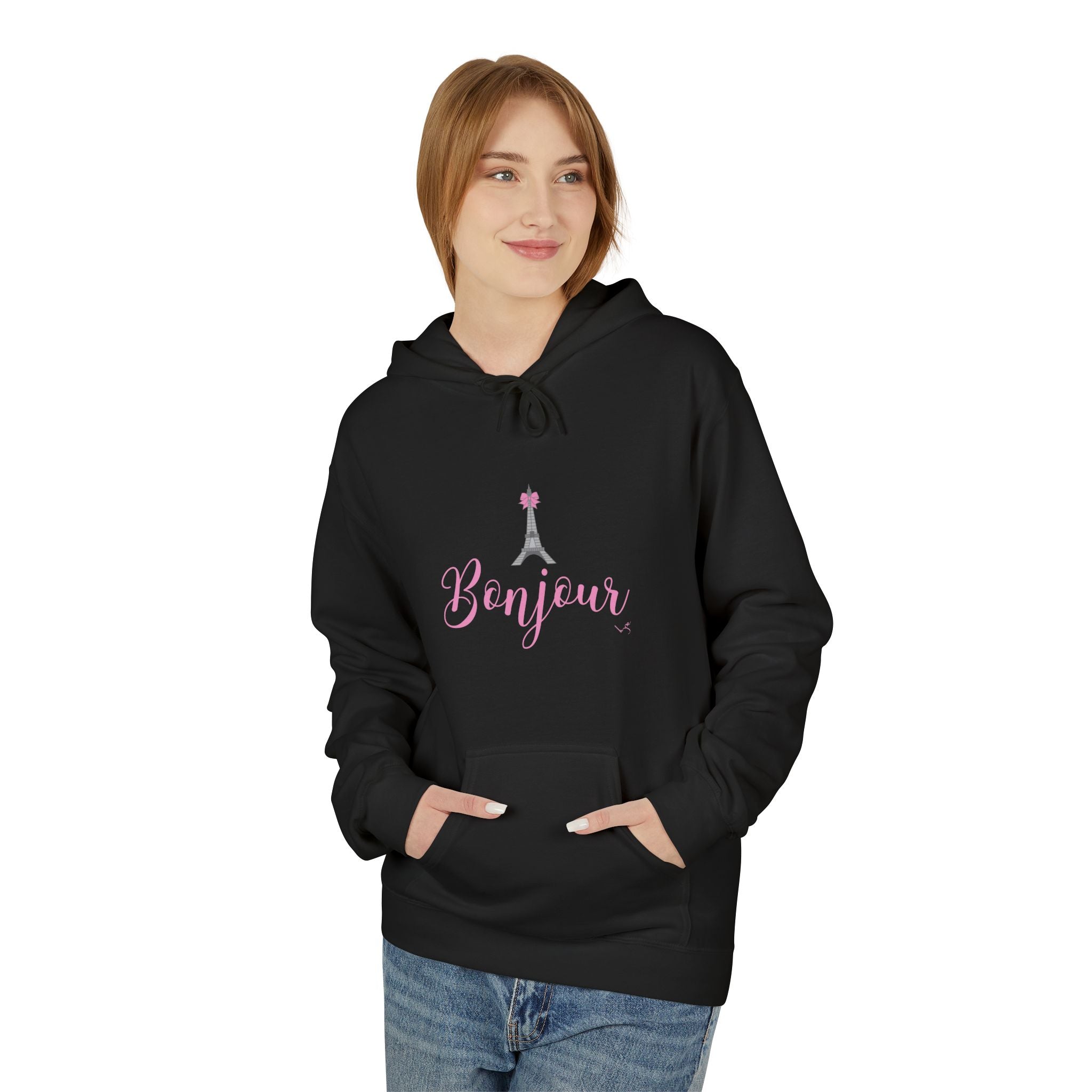 Bonjour Paris Eiffel Tower Graphic Hoodie - Unisex Midweight Softstyle Fleece Hoodie