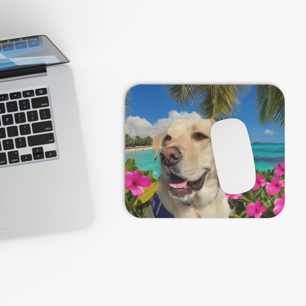 Happy Labrador Tropical Mouse Pad – Yellow Lab Beach & Flower Design