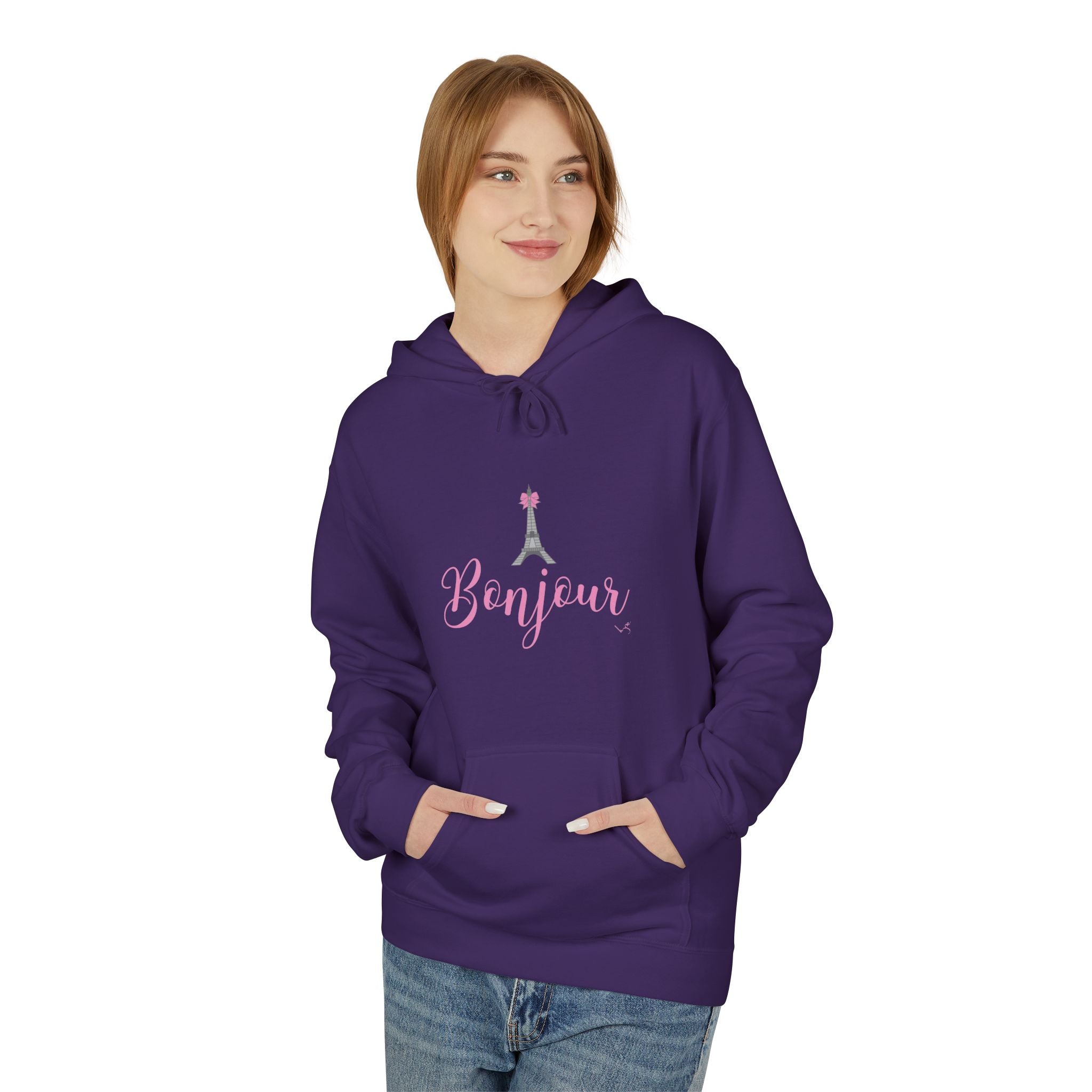 Bonjour Paris Eiffel Tower Graphic Hoodie - Unisex Midweight Softstyle Fleece Hoodie