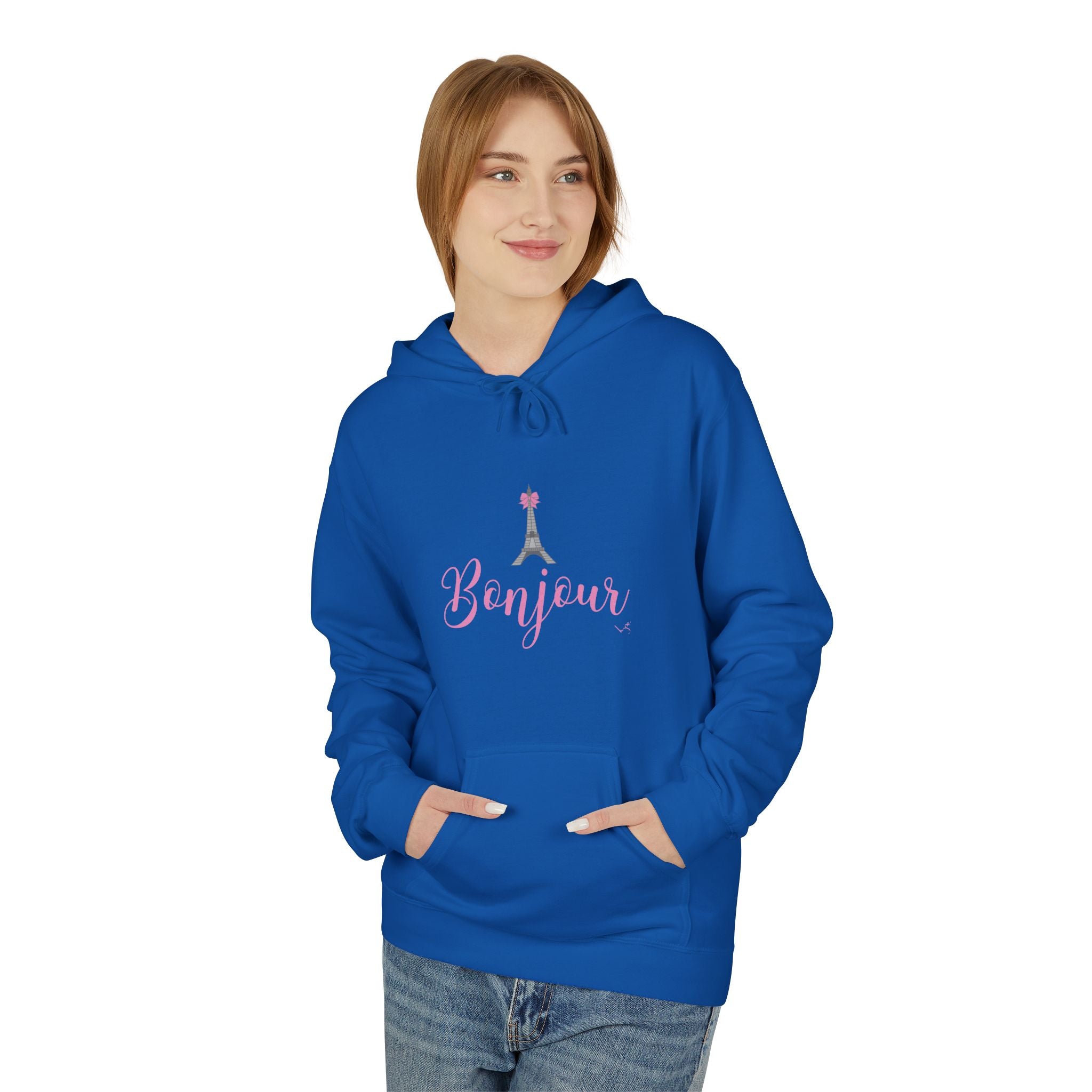 Bonjour Paris Eiffel Tower Graphic Hoodie - Unisex Midweight Softstyle Fleece Hoodie