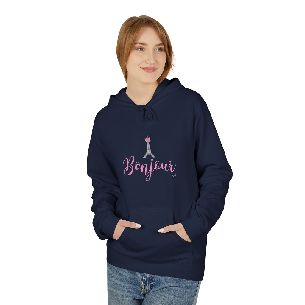 Bonjour Paris Eiffel Tower Graphic Hoodie - Unisex Midweight Softstyle Fleece Hoodie