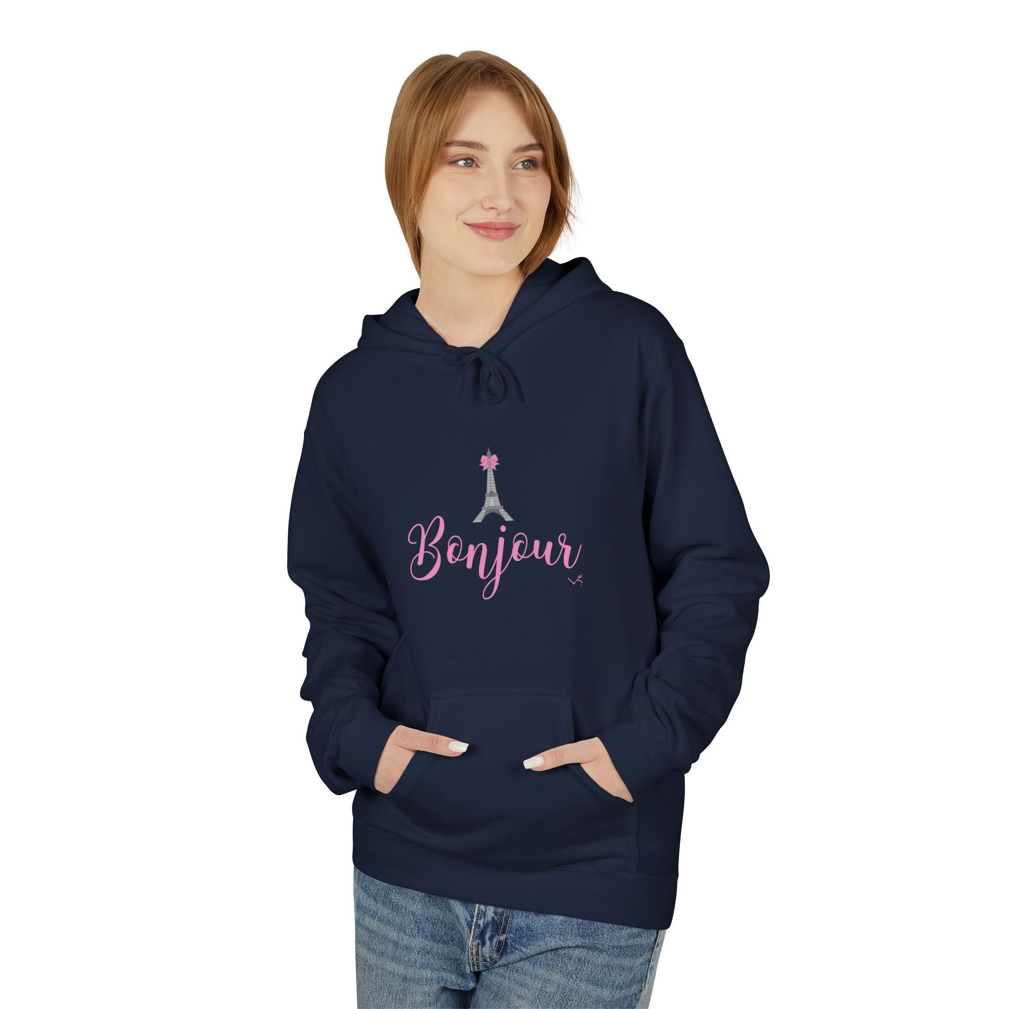 Bonjour Paris Eiffel Tower Graphic Hoodie - Unisex Midweight Softstyle Fleece Hoodie