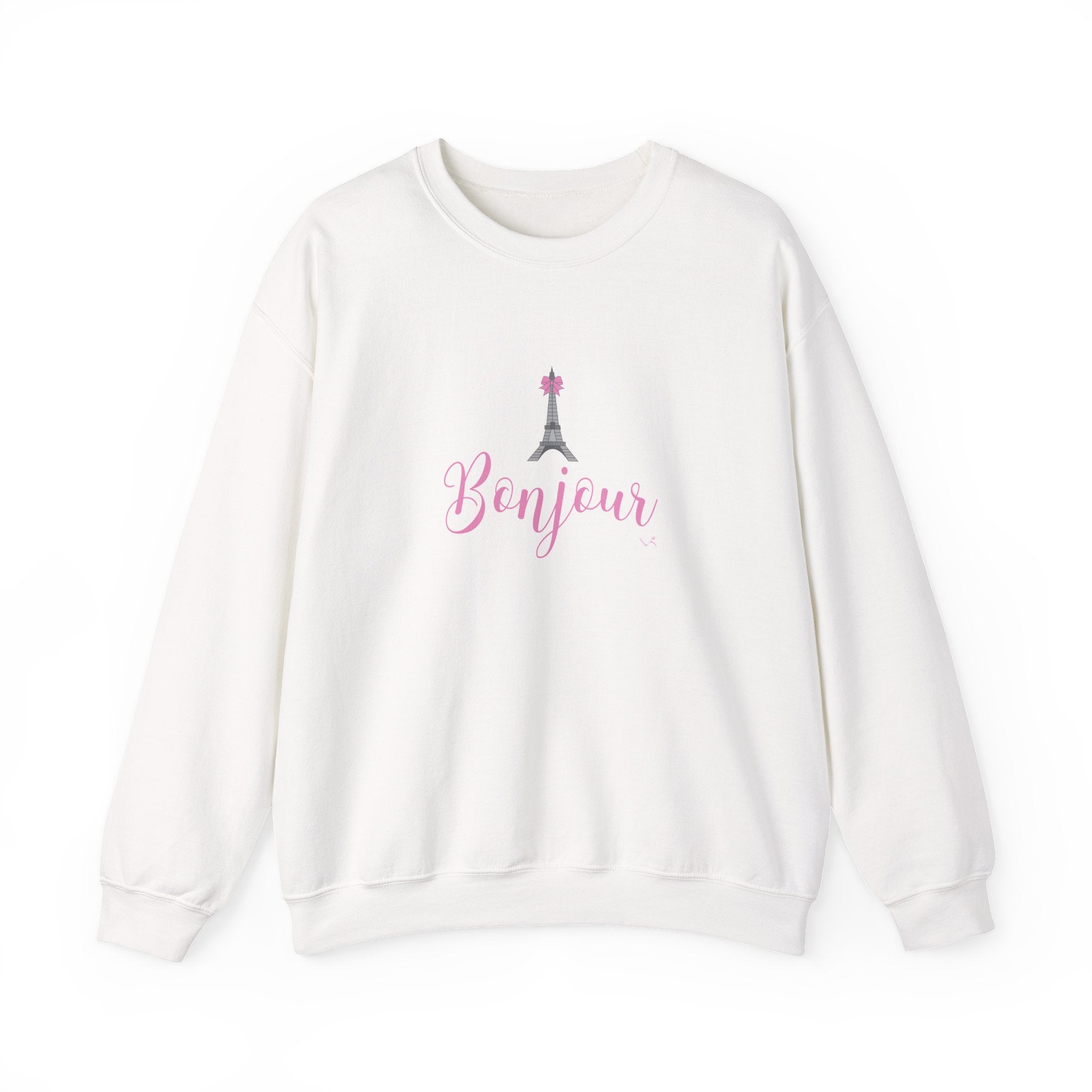 An off-white crewneck sweatshirt featuring a pink 'Bonjour' script and a small gray Eiffel Tower graphic on the chest, displayed against a clean white background.