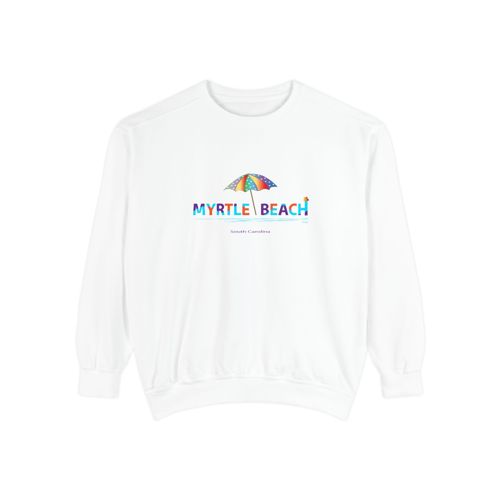 A white crewneck sweatshirt featuring a colorful graphic on the chest with an umbrella and the text 'MYRTLE BEACH' in rainbow-colored letters, displayed on a clean white background.