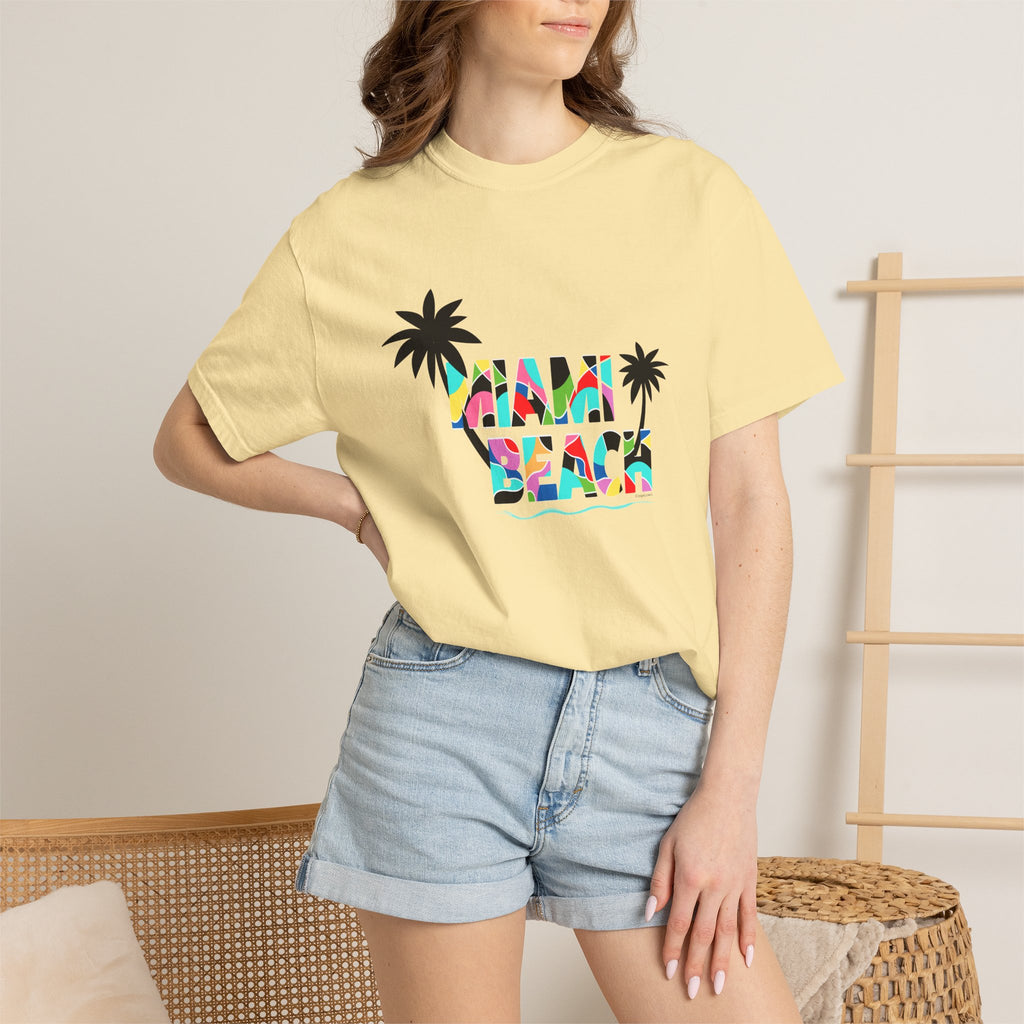 MIAMI BEACH Color Block Graphic Unisex Garment-Dyed T-shirt