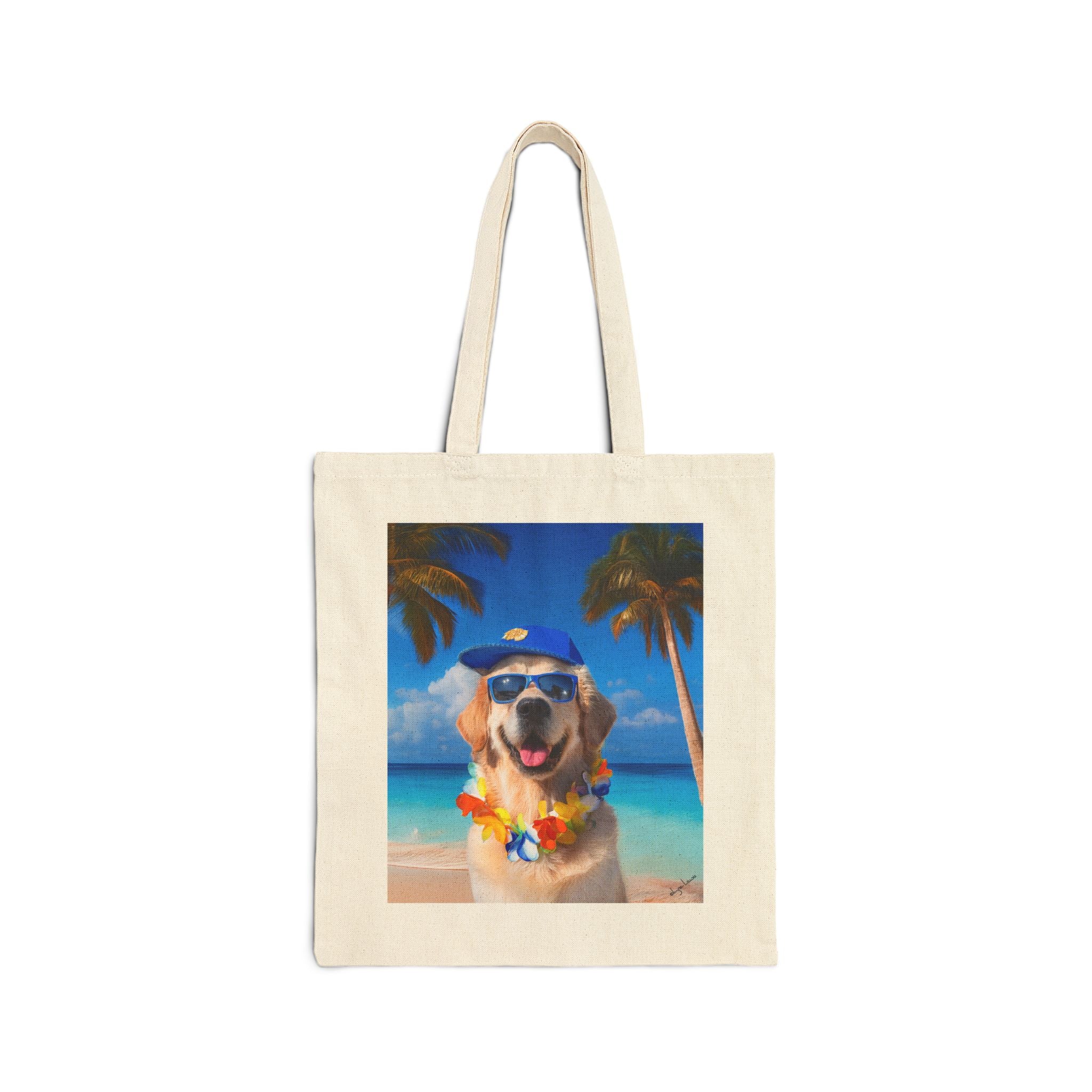 Beach Please Dog in Blue HatCotton Canvas Tote Bag