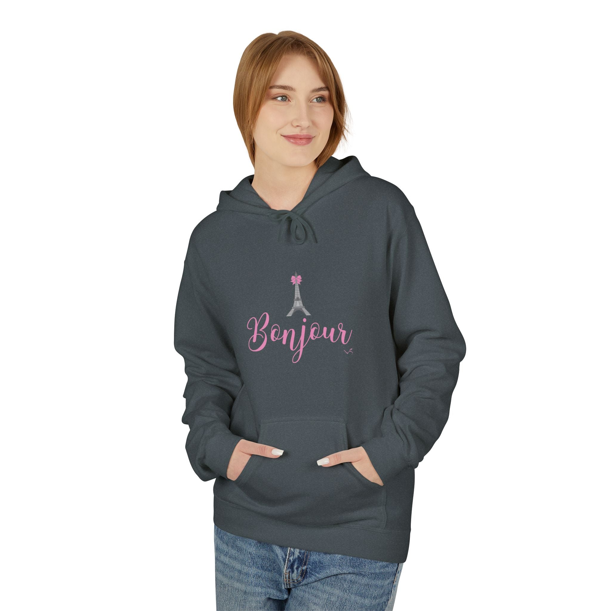 Bonjour Paris Eiffel Tower Graphic Hoodie - Unisex Midweight Softstyle Fleece Hoodie