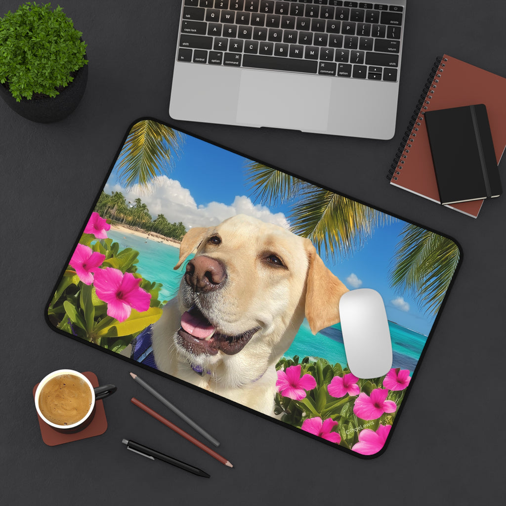 Happy Labrador Tropical Desk Mat – Yellow Lab Beach & Flower Design
