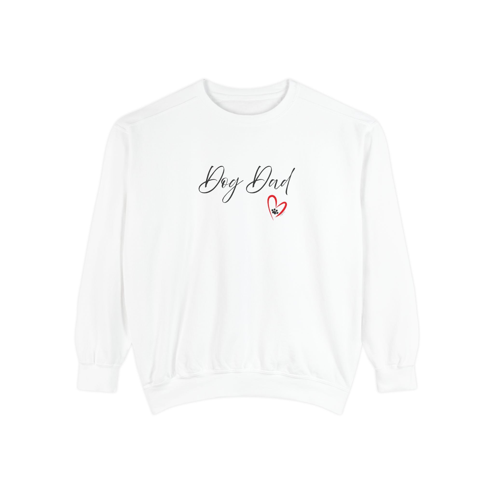 A white crewneck sweatshirt featuring the text 'Dog Dad' in black cursive script and a small red heart with a black outline on the chest, displayed against a solid white background.